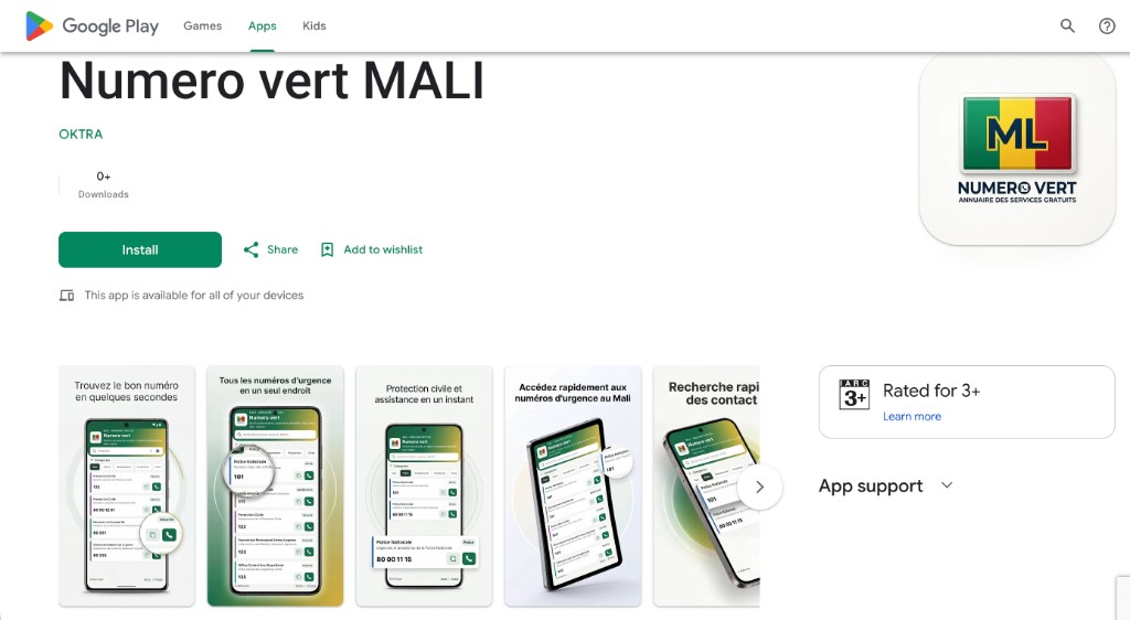 Fiche Google Play: Numero vert MALI, developpeur OKTRA